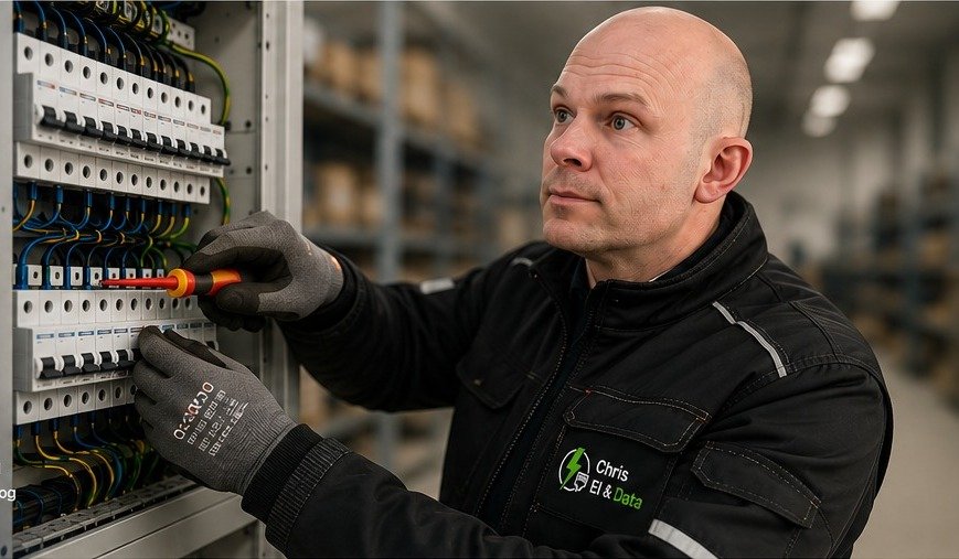 Chris arbejder ved en eltavle